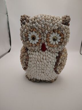 Vintage Handmade Owl Seashell 8" Statue Beach House Philippines